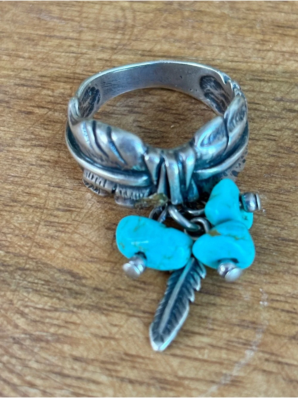 Vintage Turquoise Nuggets Feather Charm Sterling Silver Ring - size 5.5 - Picture 7 of 14